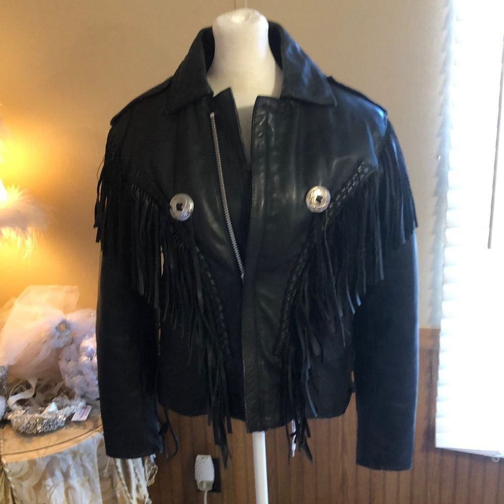 Velocity Genuine Black Leather fringe jacket with inner liner for warmth size 36